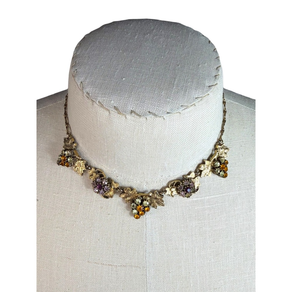 Vintage Gold Tone Grape Cluster Rhinestone Choker Necklace Botanical Leaf Amber